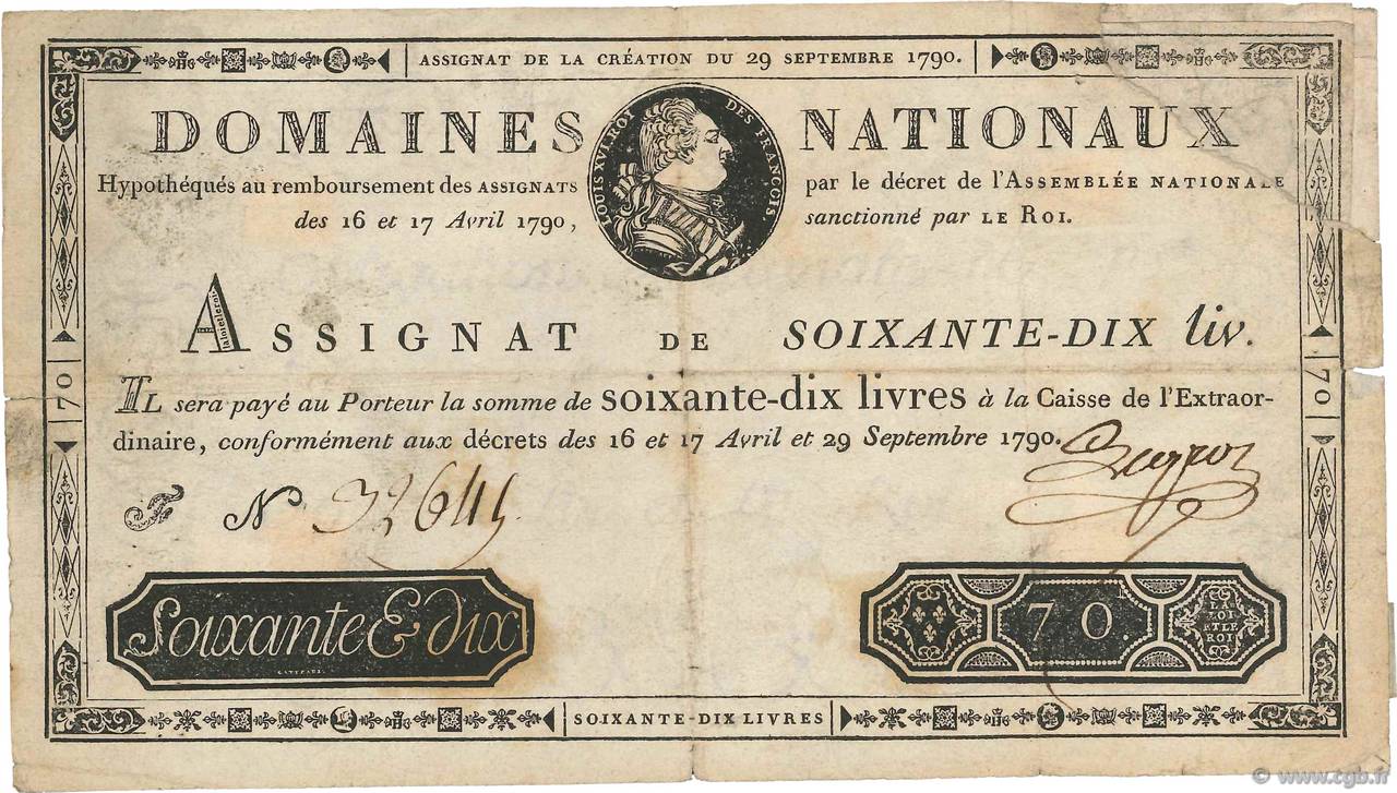 70 Livres FRANCE  1790 Ass.06a TB