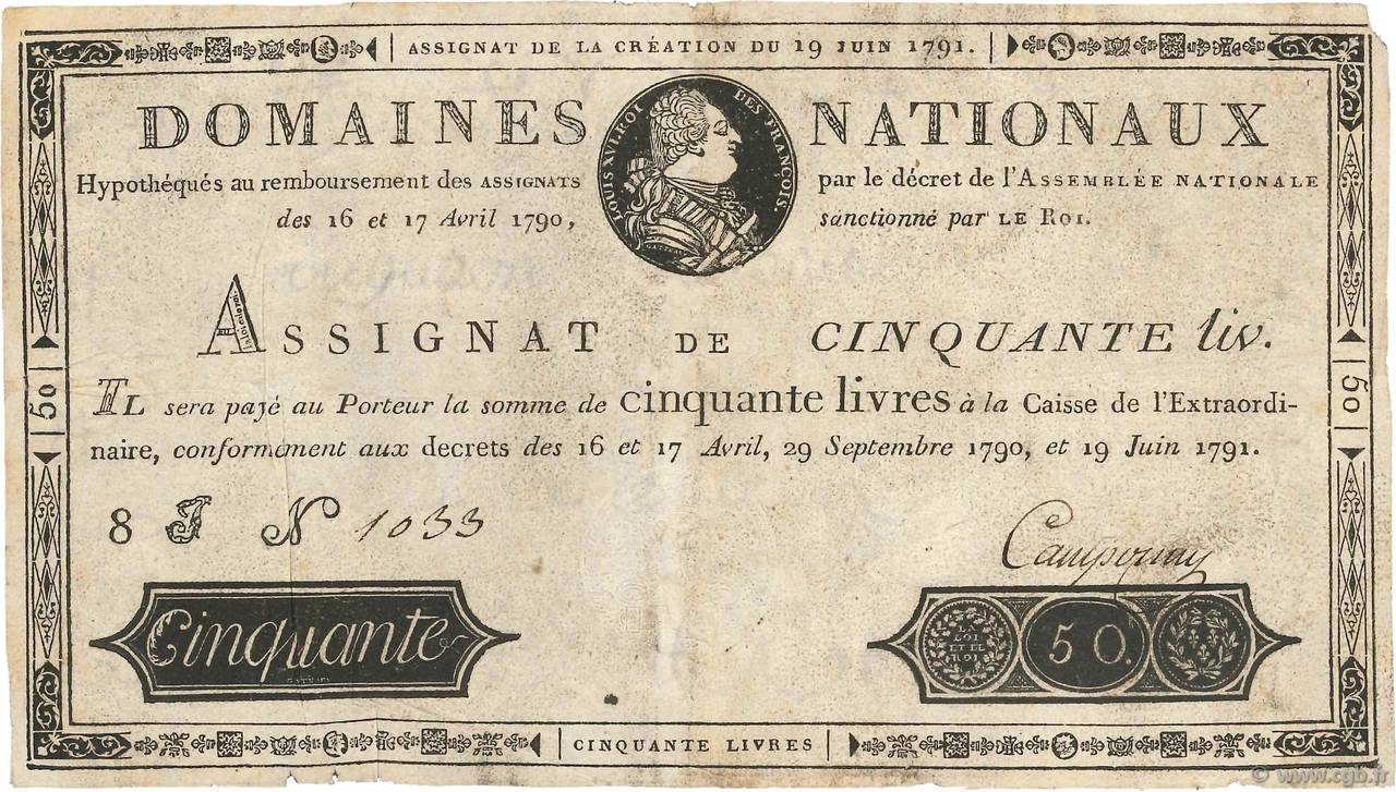 50 Livres Faux FRANCE  1791 Ass.13a pr.TTB