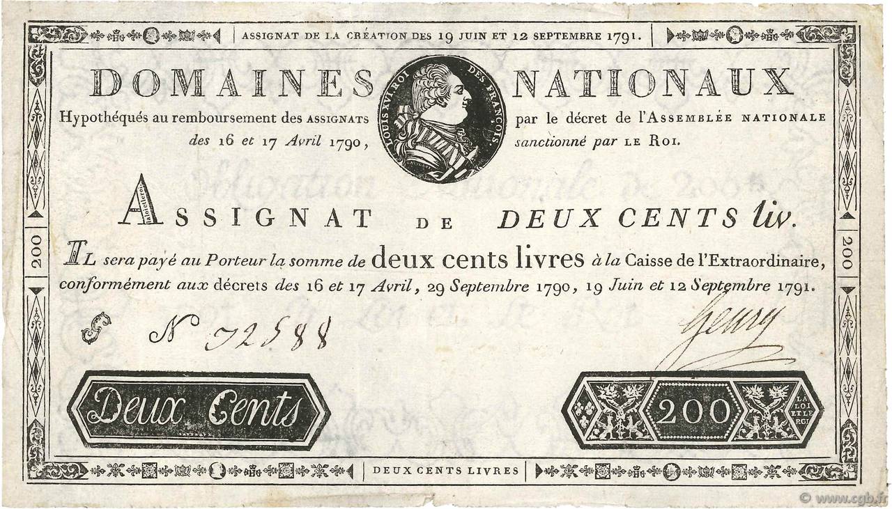 200 Livres FRANCE  1791 Ass.17a VF