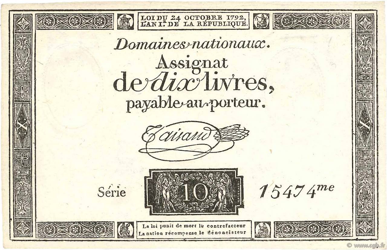 10 Livres filigrane républicain FRANCE  1792 Ass.36c AU