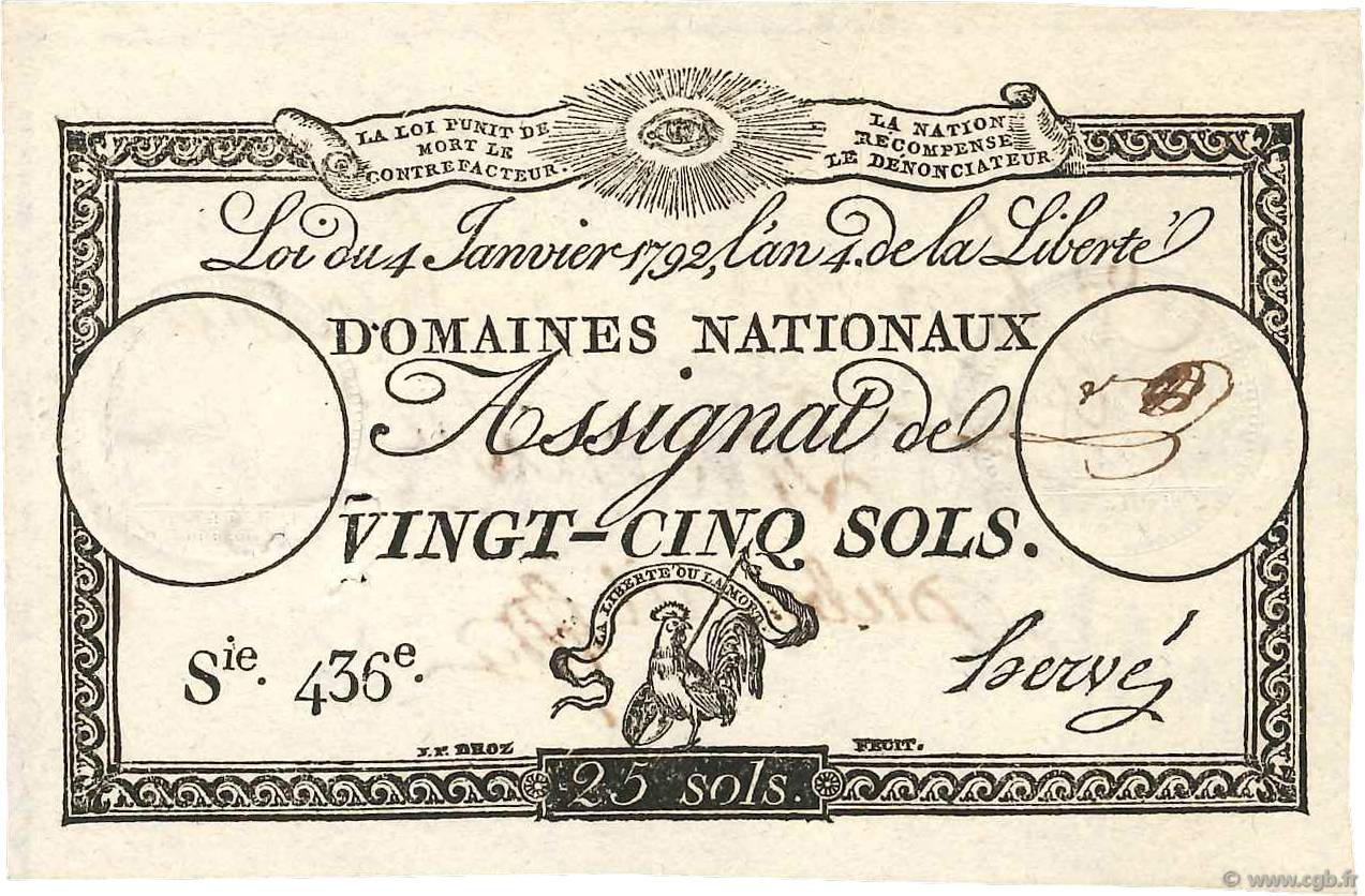 25 Sols Vérificateur FRANCE  1792 Ass.25v UNC