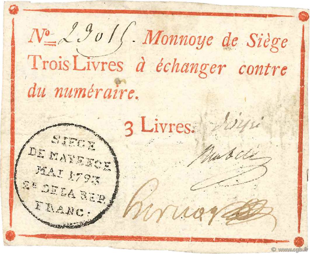 3 Livres FRANCE regionalism and various Mayence 1793 Kol.026 VF