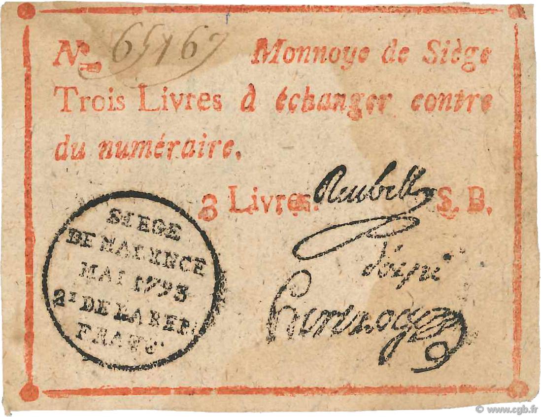 3 Livres FRANCE Regionalismus und verschiedenen Mayence 1793 Kol.035 SS