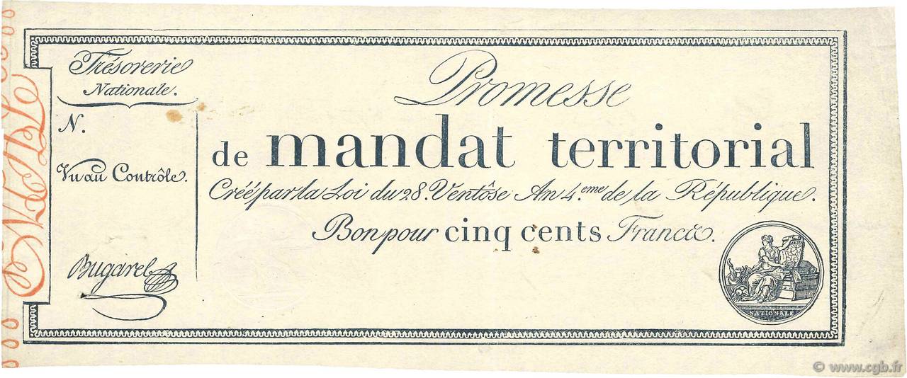 500 Francs sans série Vérificateur FRANCE  1796 Ass.62v SUP+