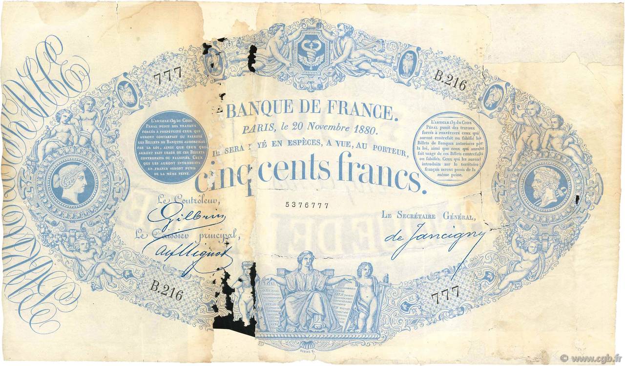 500 Francs type 1863 Indices Noirs FRANCIA  1880 F.A40.14 MC