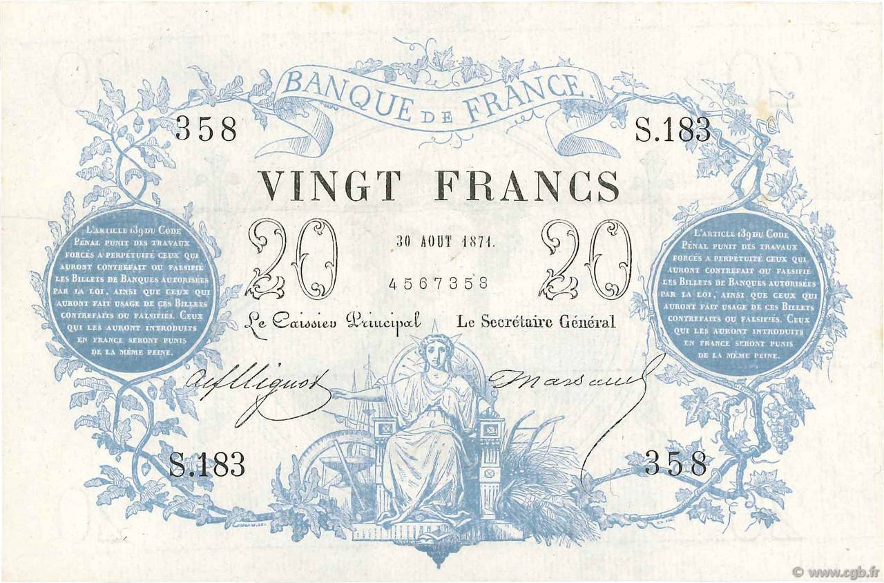 20 Francs type 1871 FRANCIA  1871 F.A46.02 q.FDC