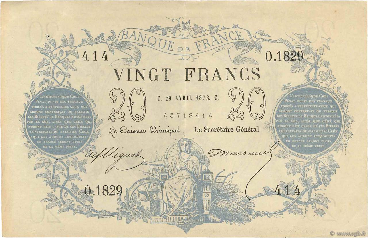 20 Francs type 1871 FRANCE  1873 F.A46.03 VF+
