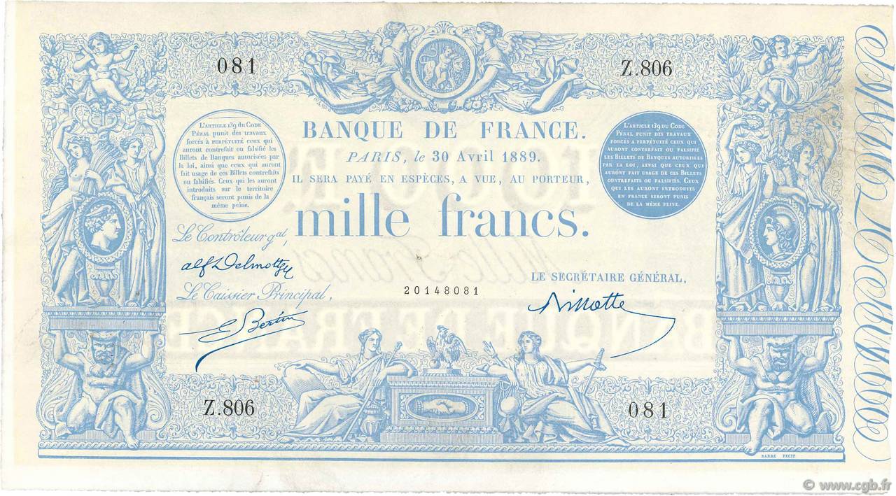 1000 Francs type 1862 Indices Noirs modifié FRANCE  1889 F.A50.10 TTB+