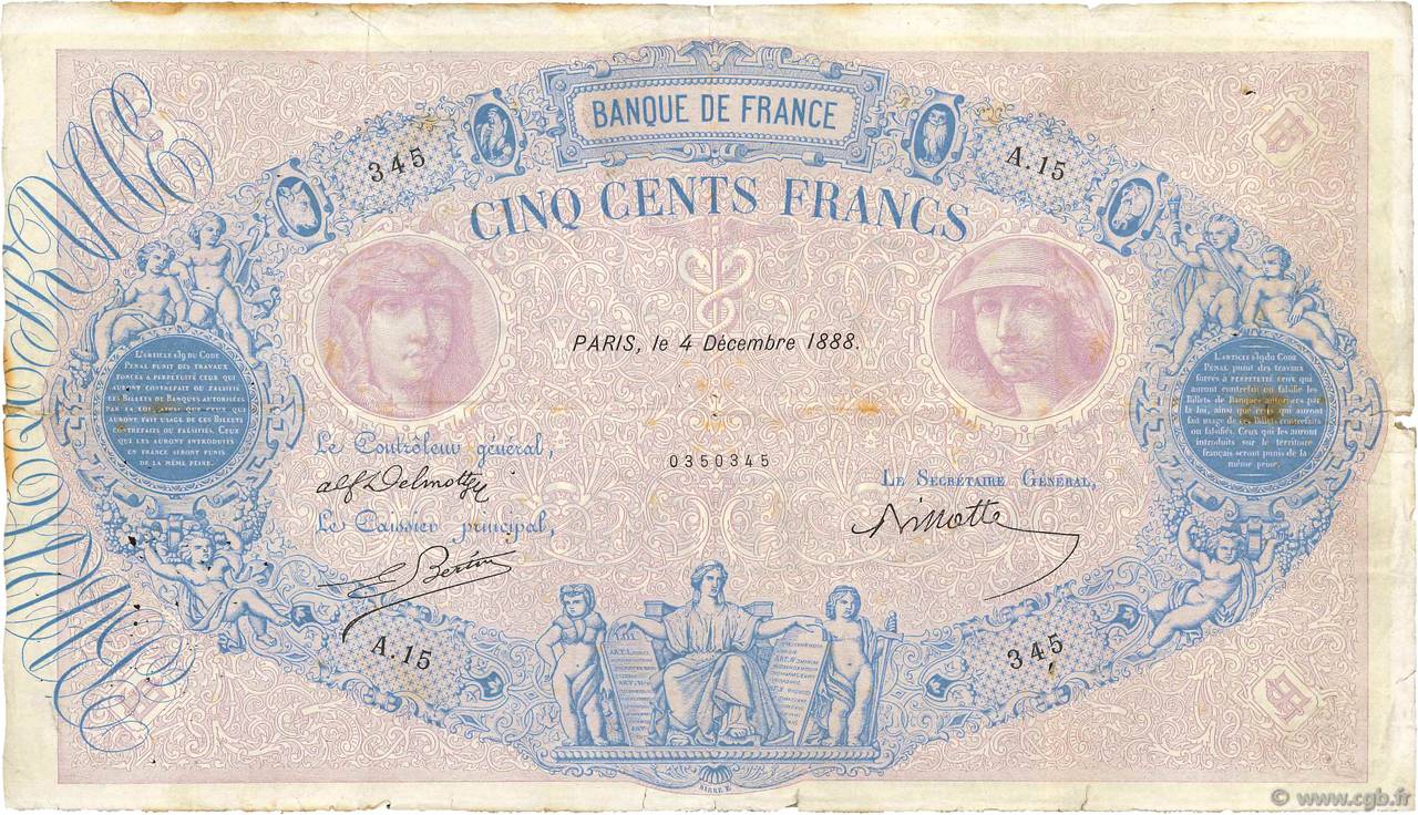 500 Francs BLEU ET ROSE FRANCIA  1888 F.30.01 BC