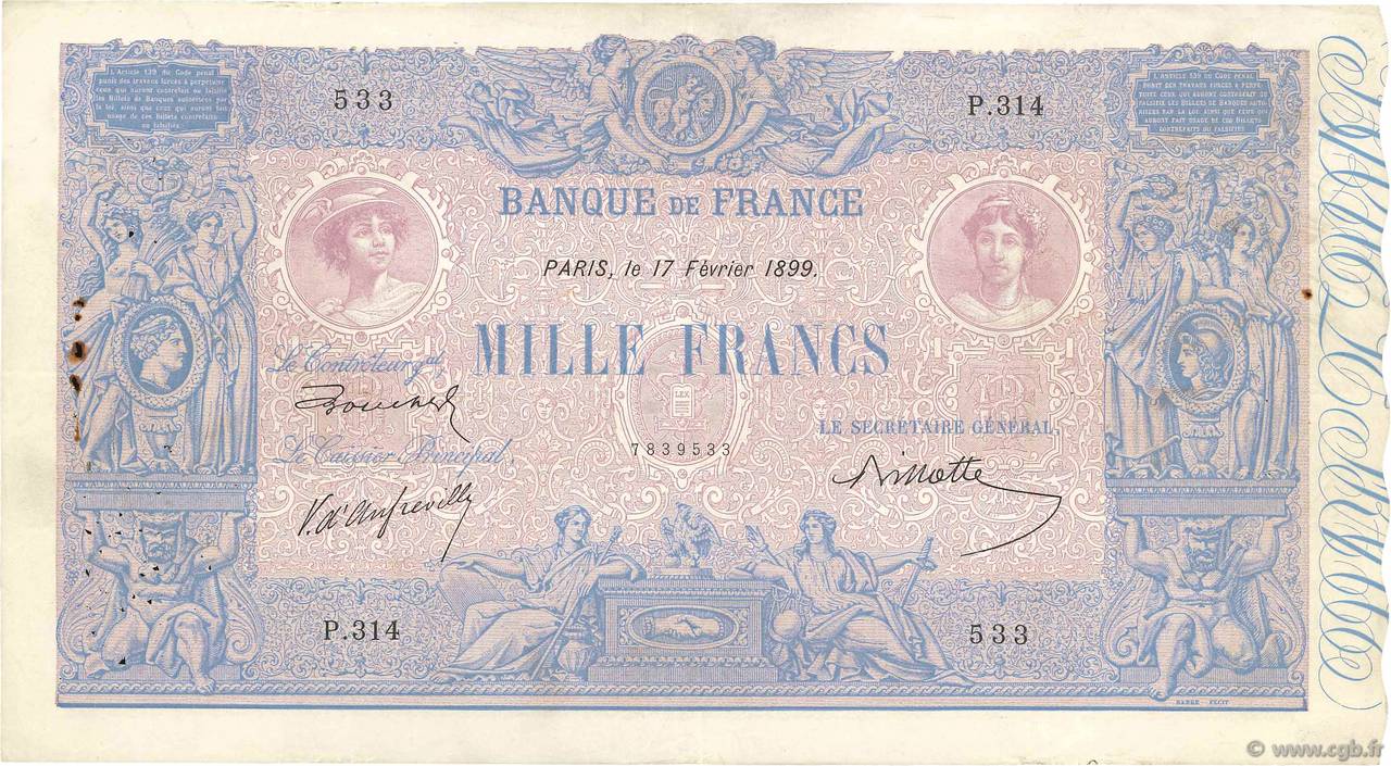 1000 Francs BLEU ET ROSE FRANCE  1899 F.36.12 VF