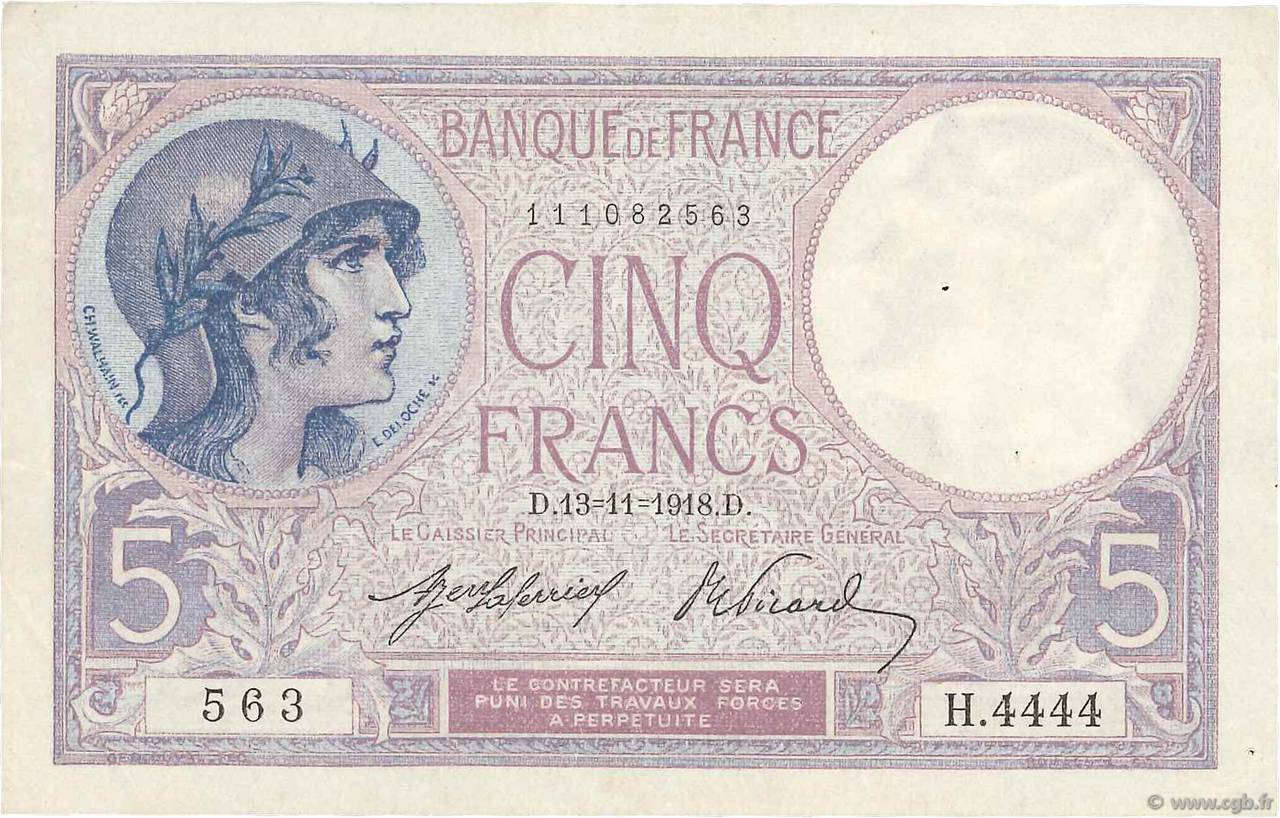 5 Francs FEMME CASQUÉE FRANCE  1918 F.03.02 pr.SUP