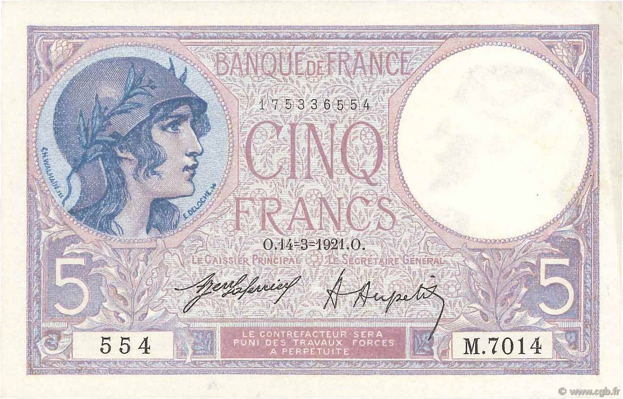 5 Francs FEMME CASQUÉE FRANCIA  1921 F.03.05 SPL