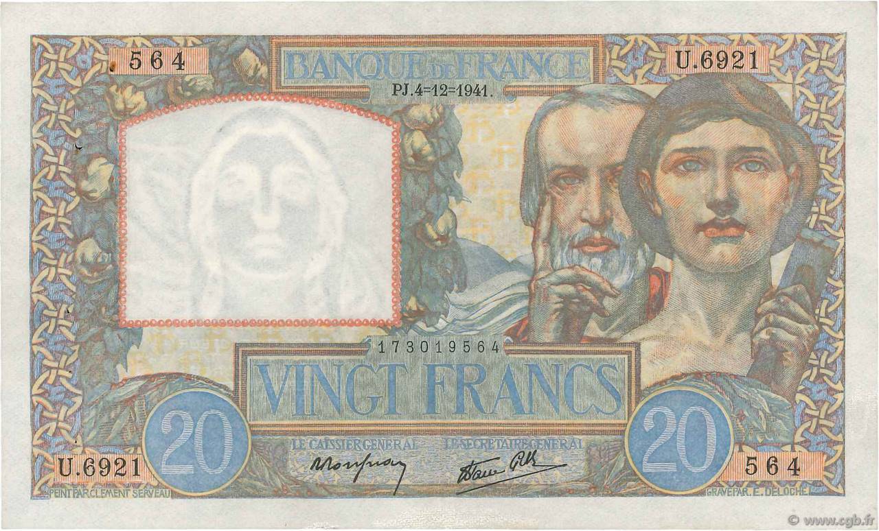 20 Francs TRAVAIL ET SCIENCE FRANCE  1941 F.12.20 XF-