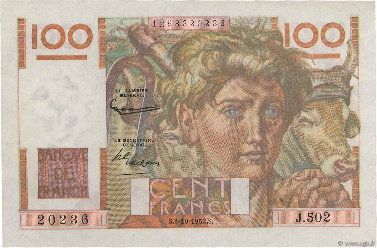 100 Francs JEUNE PAYSAN filigrane inversé FRANCE  1952 F.28bis.01 SUP+