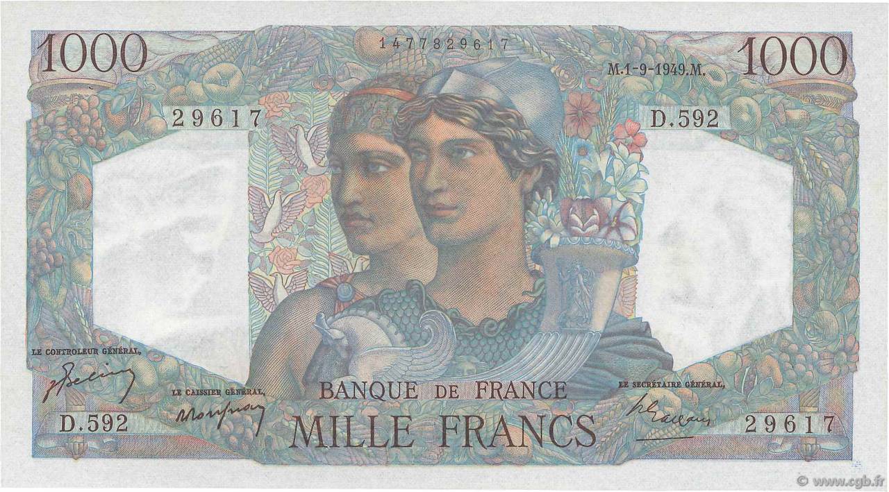 1000 Francs MINERVE ET HERCULE FRANCE  1949 F.41.28 XF+