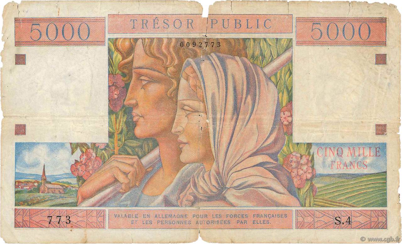 5000 Francs TRÉSOR PUBLIC FRANCIA  1955 VF.36.01 q.B