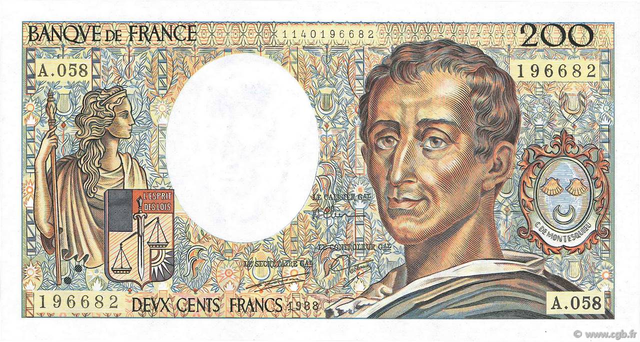 200 Francs MONTESQUIEU FRANCE  1988 F.70.08 NEUF