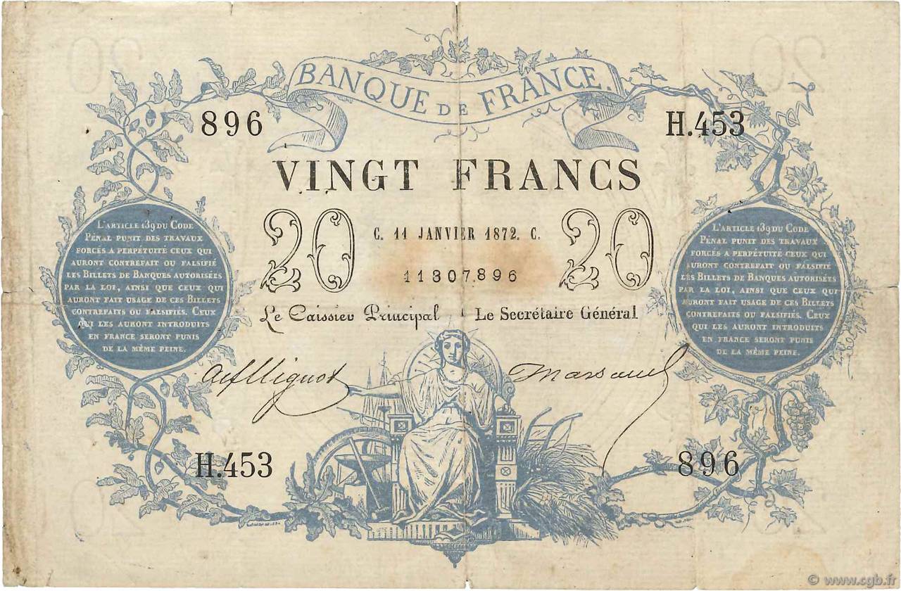 20 Francs type 1871 Petit numéro FRANCE  1872 F.A46.03 TB+