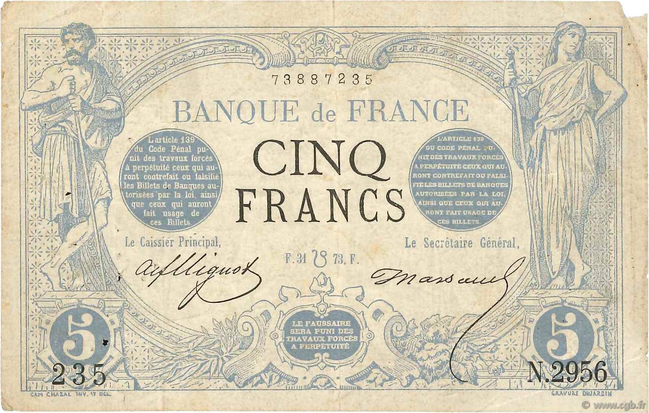 5 Francs NOIR FRANCE  1873 F.01.20 TB