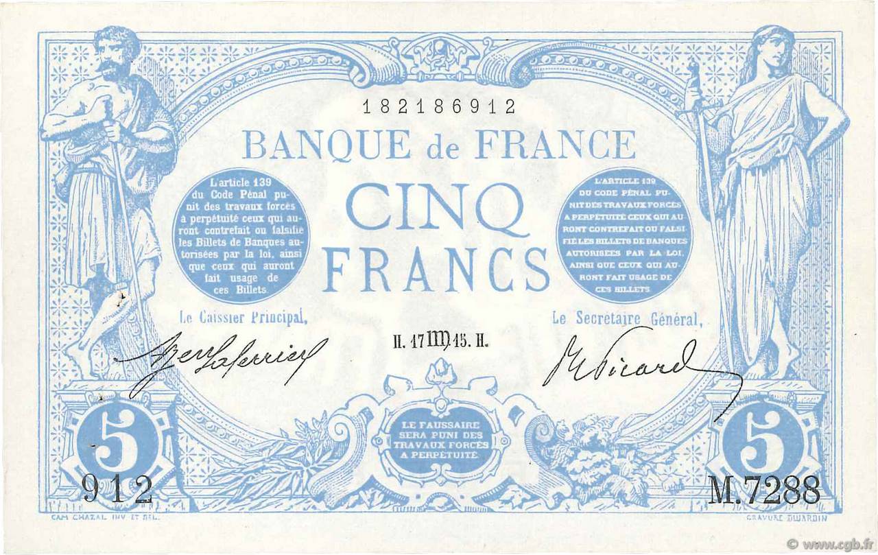 5 Francs BLEU FRANCIA  1915 F.02.30 q.AU