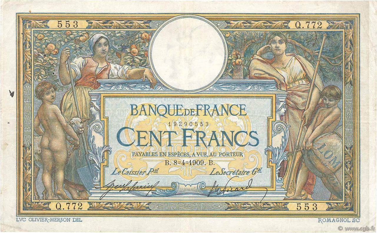 100 Francs LUC OLIVIER MERSON avec LOM FRANCIA  1909 F.22.02 q.BB