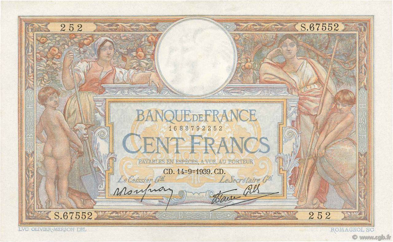100 Francs LUC OLIVIER MERSON type modifié FRANCIA  1939 F.25.49 AU