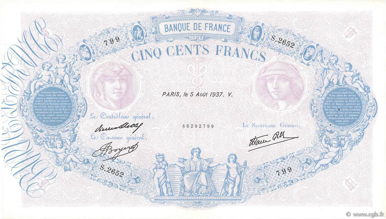 500 Francs BLEU ET ROSE modifié FRANCE  1937 F.31.01 XF+
