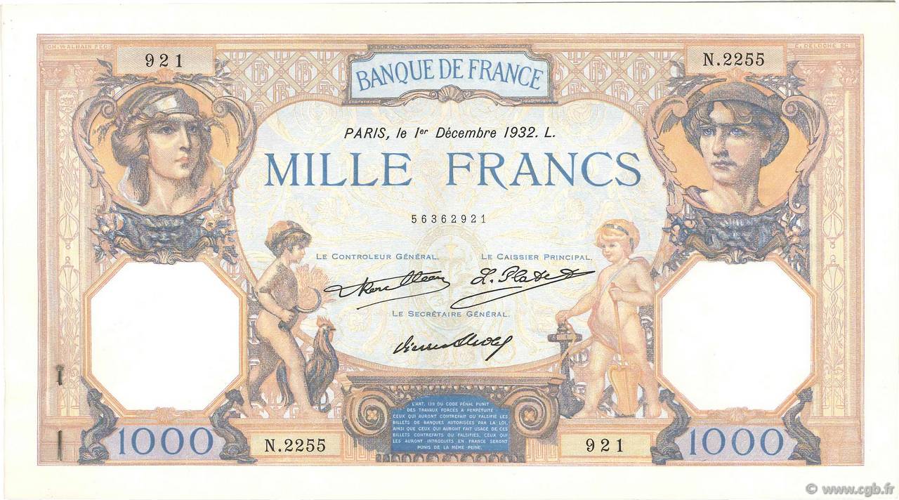 1000 Francs CÉRÈS ET MERCURE Consécutifs FRANCIA  1932 F.37.07 AU