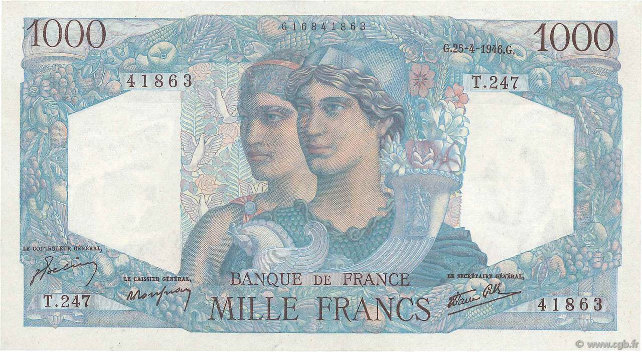 1000 Francs MINERVE ET HERCULE FRANCE  1946 F.41.13 SPL+