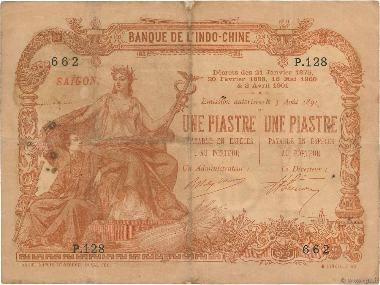 1 Piastre - 1 Piastre FRANZÖSISCHE-INDOCHINA Saïgon 1903 P.034a SGE