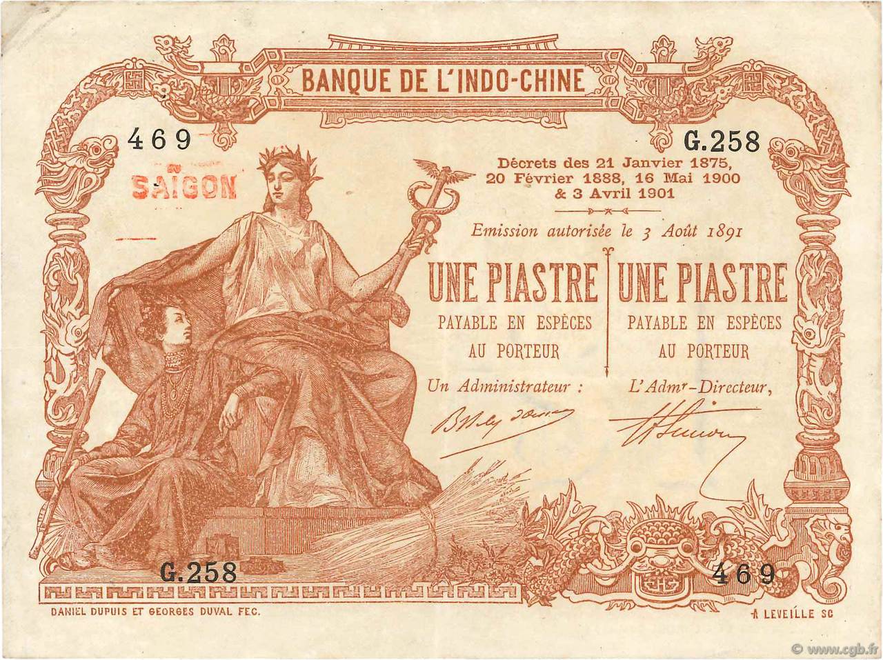 1 Piastre - 1 Piastre FRENCH INDOCHINA Saïgon 1909 P.034b VF