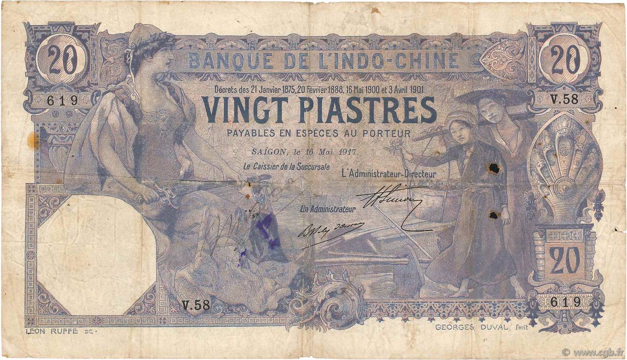 20 Piastres FRENCH INDOCHINA Saïgon 1917 P.038b F