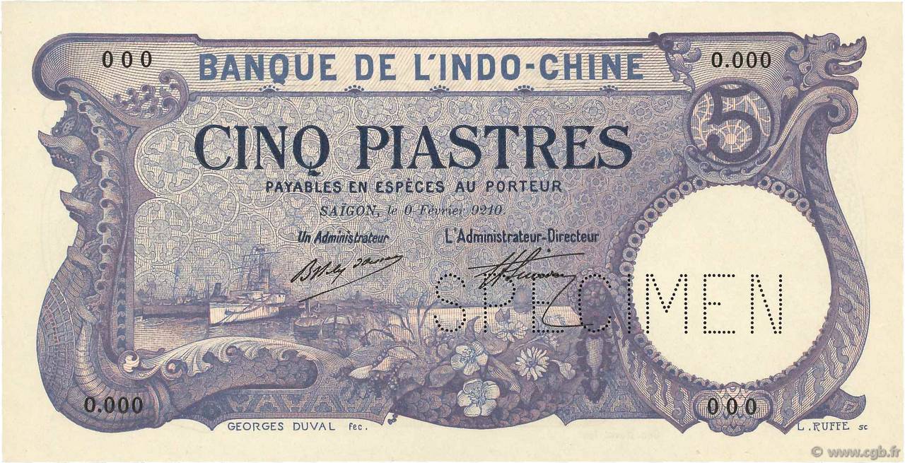 5 Piastres Spécimen FRENCH INDOCHINA Saïgon 1920 P.040s UNC-