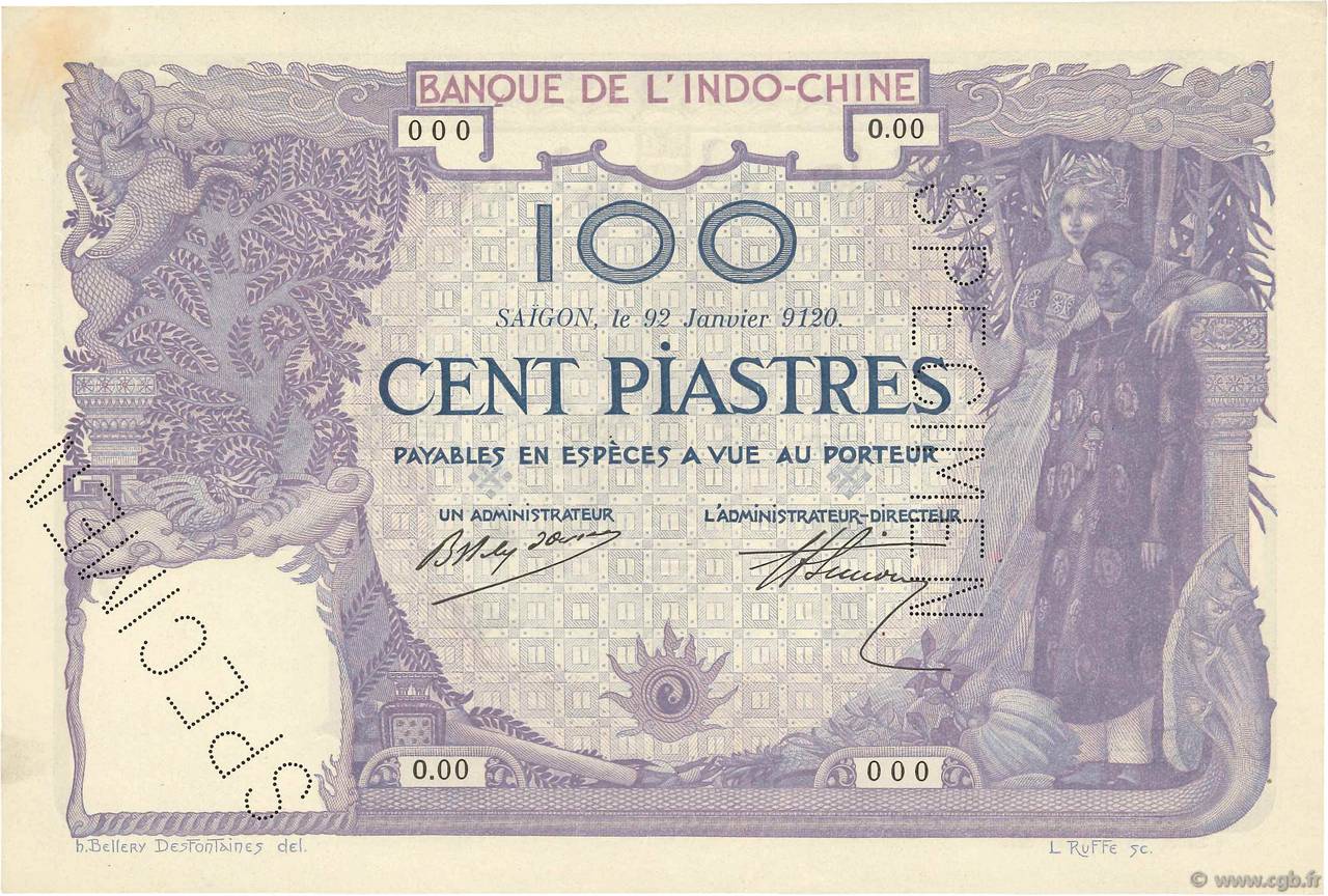 100 Piastres Spécimen FRENCH INDOCHINA Saïgon 1920 P.042s AU