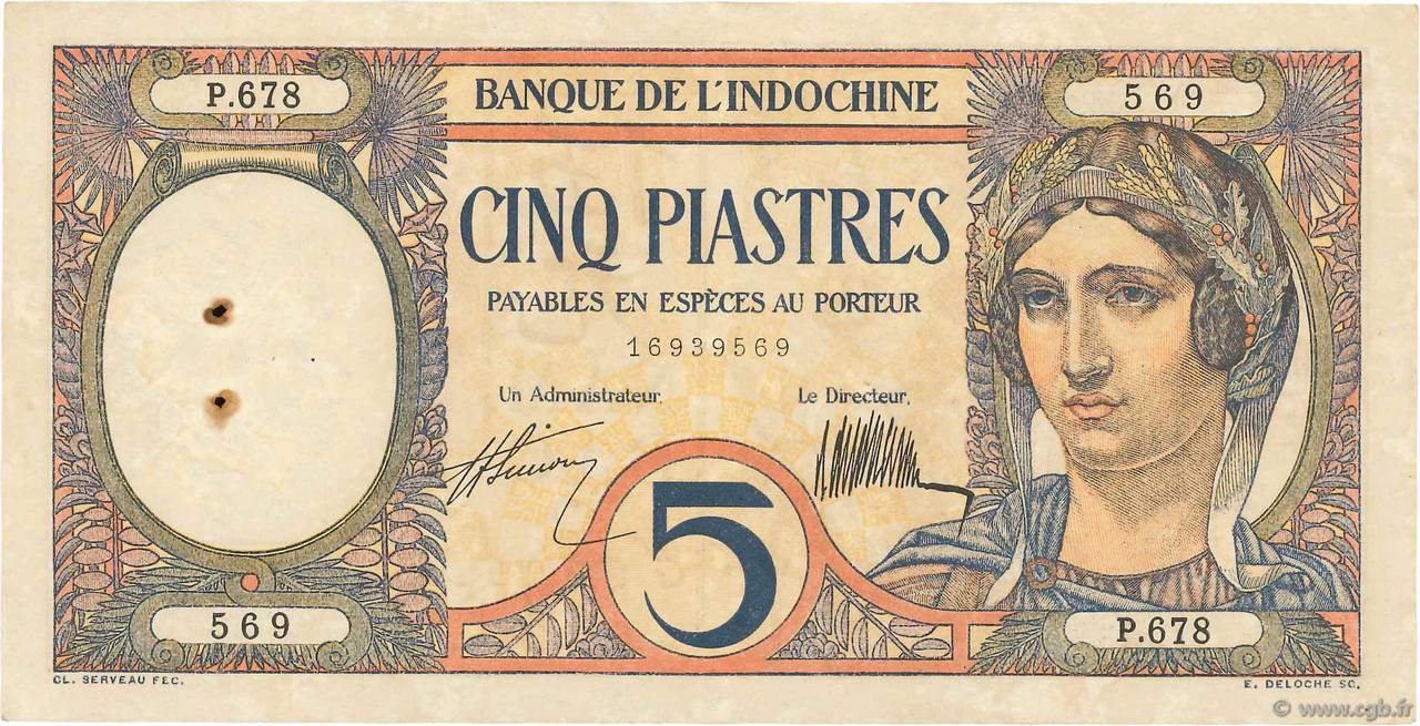 5 Piastres FRENCH INDOCHINA  1927 P.049b XF