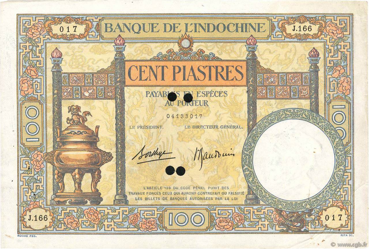 100 Piastres Annulé INDOCHINE FRANÇAISE  1936 P.051ds TTB+
