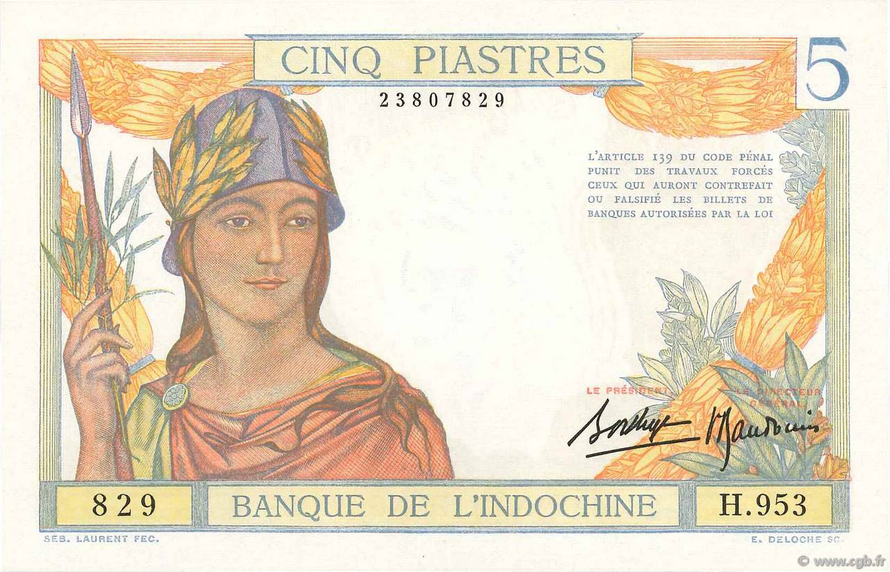 5 Piastres INDOCINA FRANCESE  1936 P.055b q.FDC