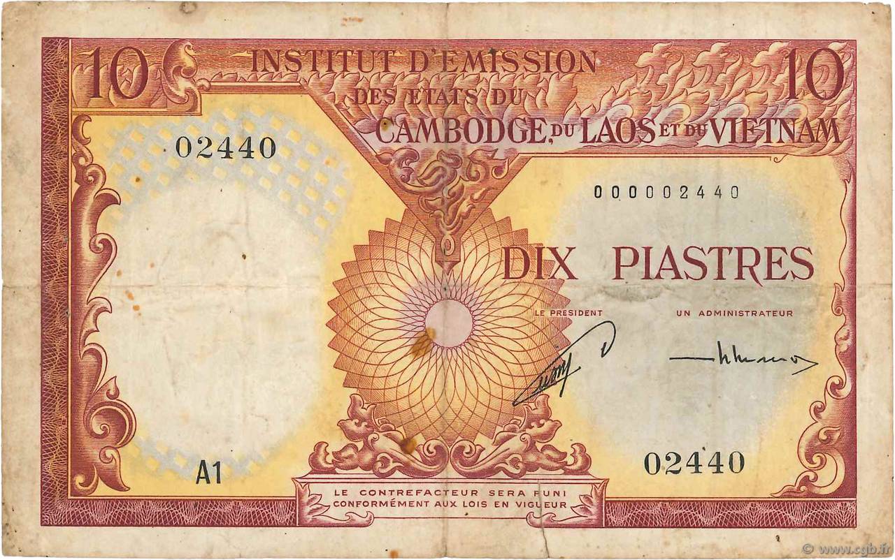 10 Piastres - 10 Riels FRENCH INDOCHINA  1953 P.096a F+
