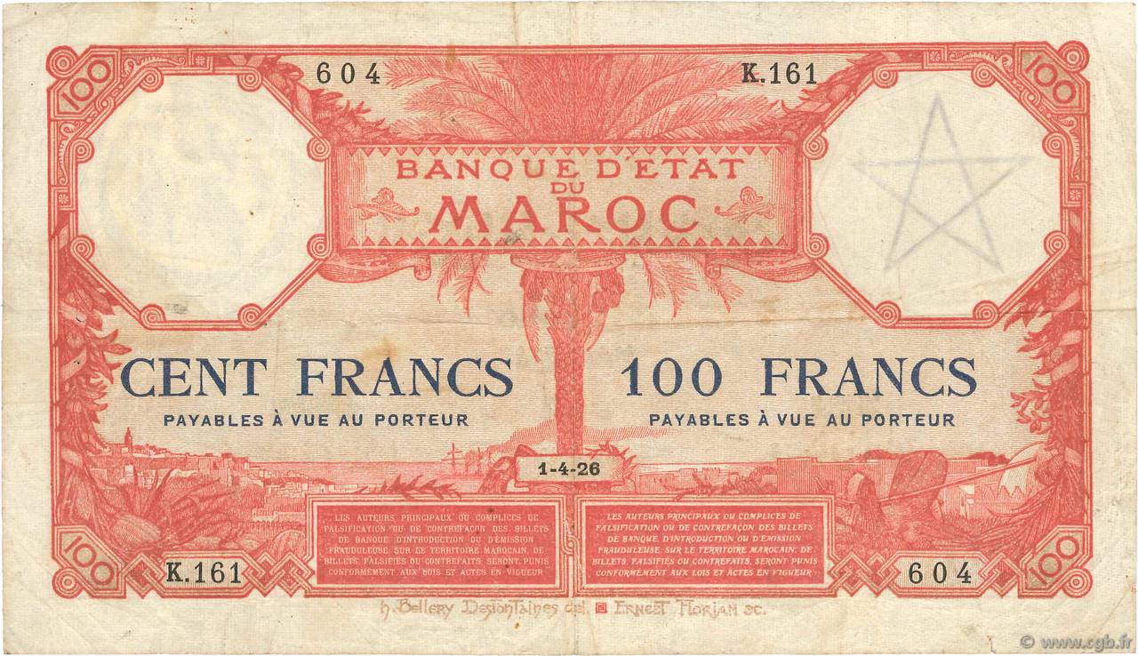 100 Francs MARUECOS  1926 P.14 BC+