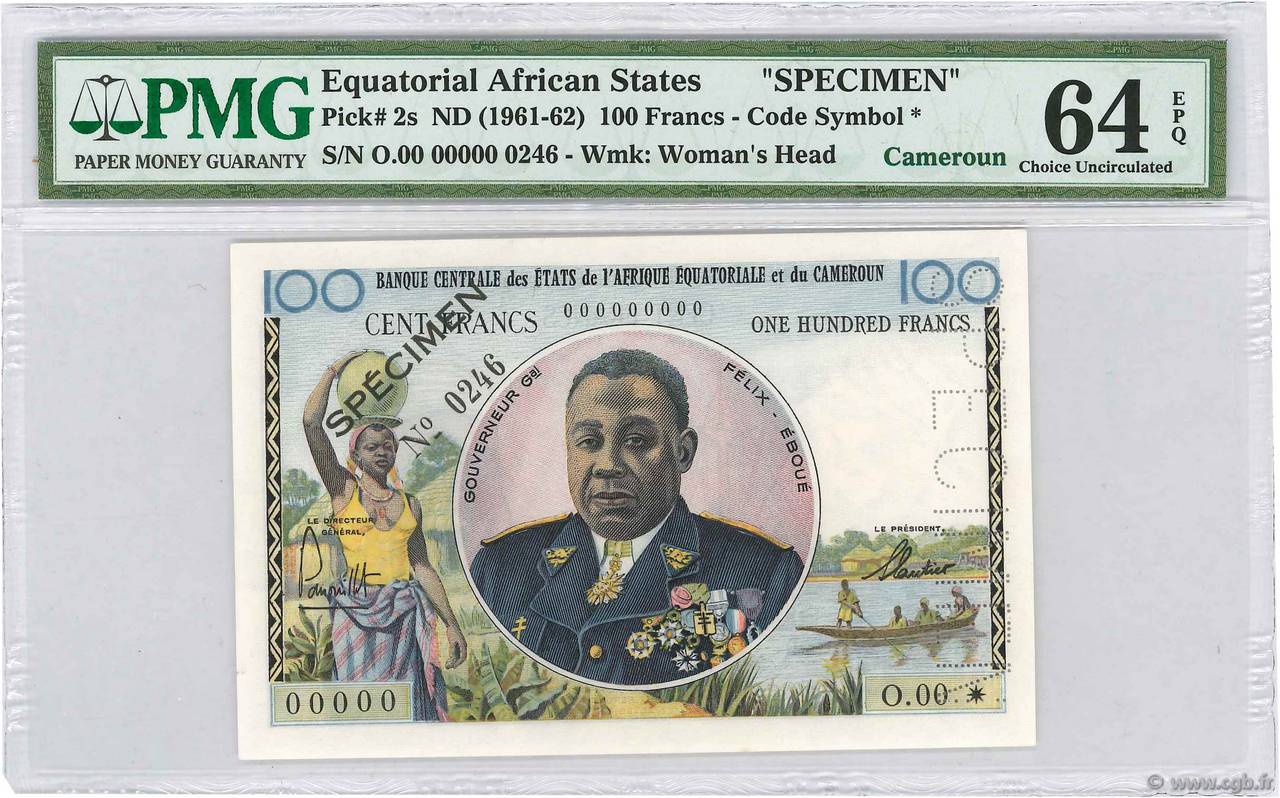 100 Francs Spécimen ÉTATS DE L AFRIQUE ÉQUATORIALE  1961 P.02s pr.NEUF