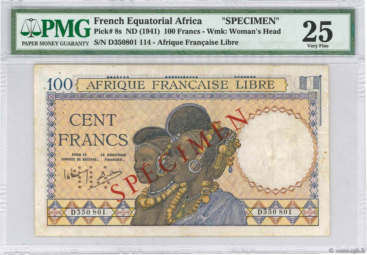 100 Francs Spécimen FRENCH EQUATORIAL AFRICA Brazzaville 1941 P.08s VF-