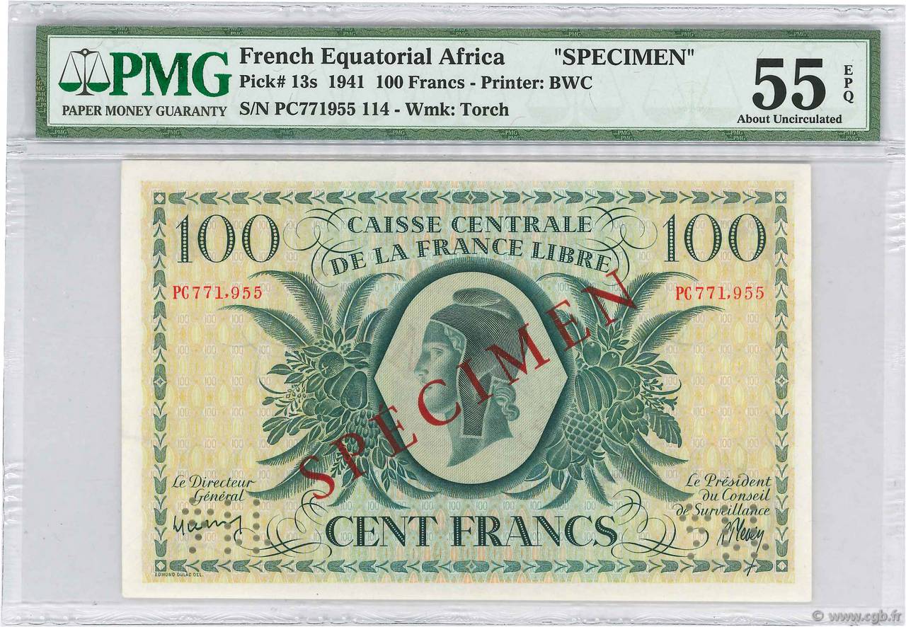 100 Francs Spécimen AFRIQUE ÉQUATORIALE FRANÇAISE Brazzaville 1941 P.13s UNC-