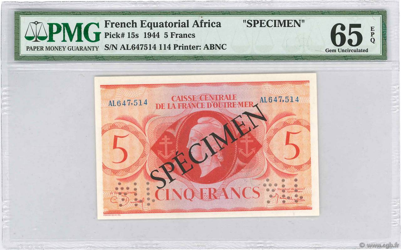 5 Francs Spécimen AFRIQUE ÉQUATORIALE FRANÇAISE  1944 P.15as FDC
