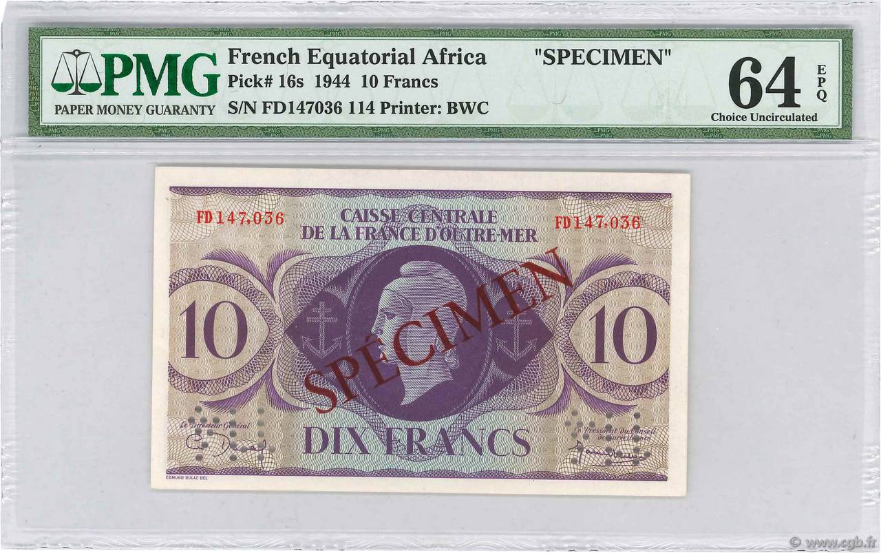 10 Francs Spécimen AFRIQUE ÉQUATORIALE FRANÇAISE  1944 P.16as SC+