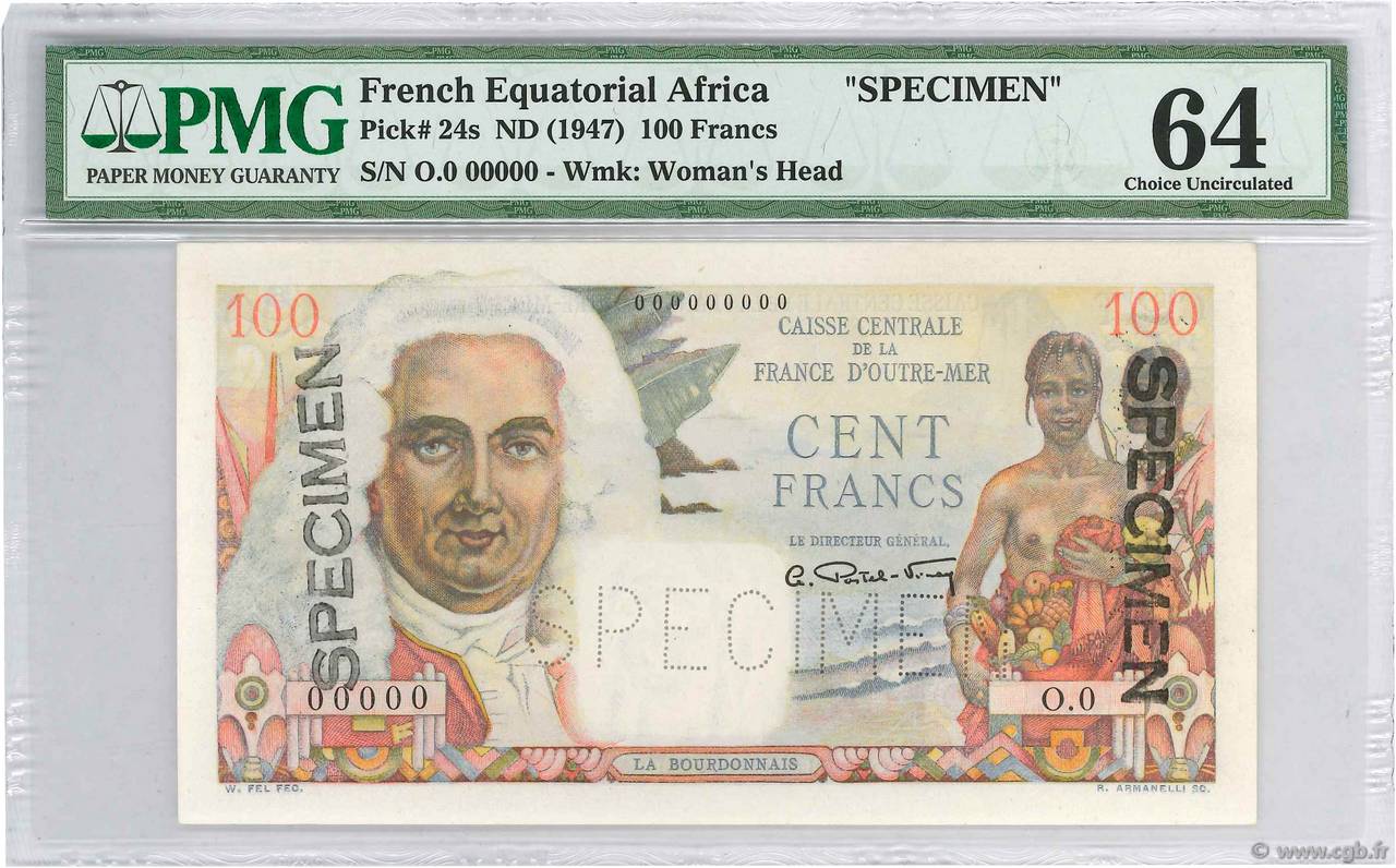 100 Francs La Bourdonnais Spécimen AFRIQUE ÉQUATORIALE FRANÇAISE  1947 P.24s UNC-