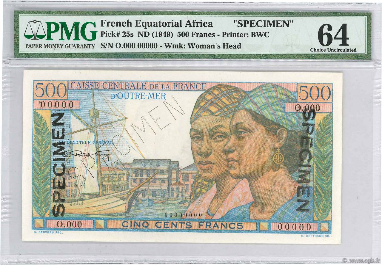 500 Francs Pointe à Pitre Spécimen AFRIQUE ÉQUATORIALE FRANÇAISE  1949 P.25s AU
