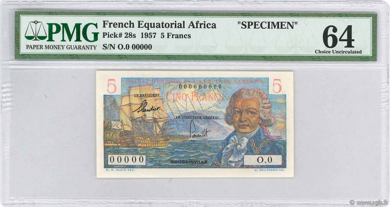 5 Francs Bougainville Spécimen AFRIQUE ÉQUATORIALE FRANÇAISE  1957 P.28s q.FDC