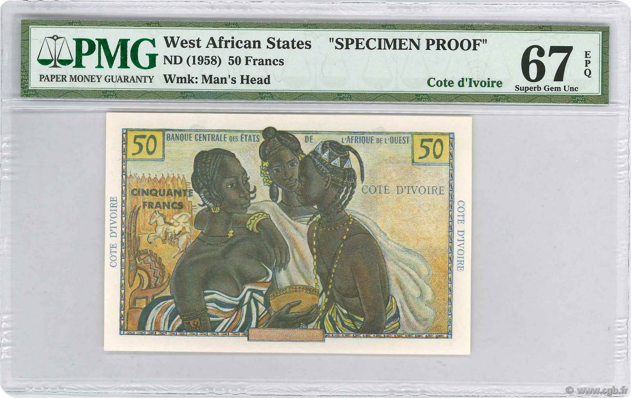 50 Francs Spécimen STATI AMERICANI AFRICANI  1956 P.45s1 FDC