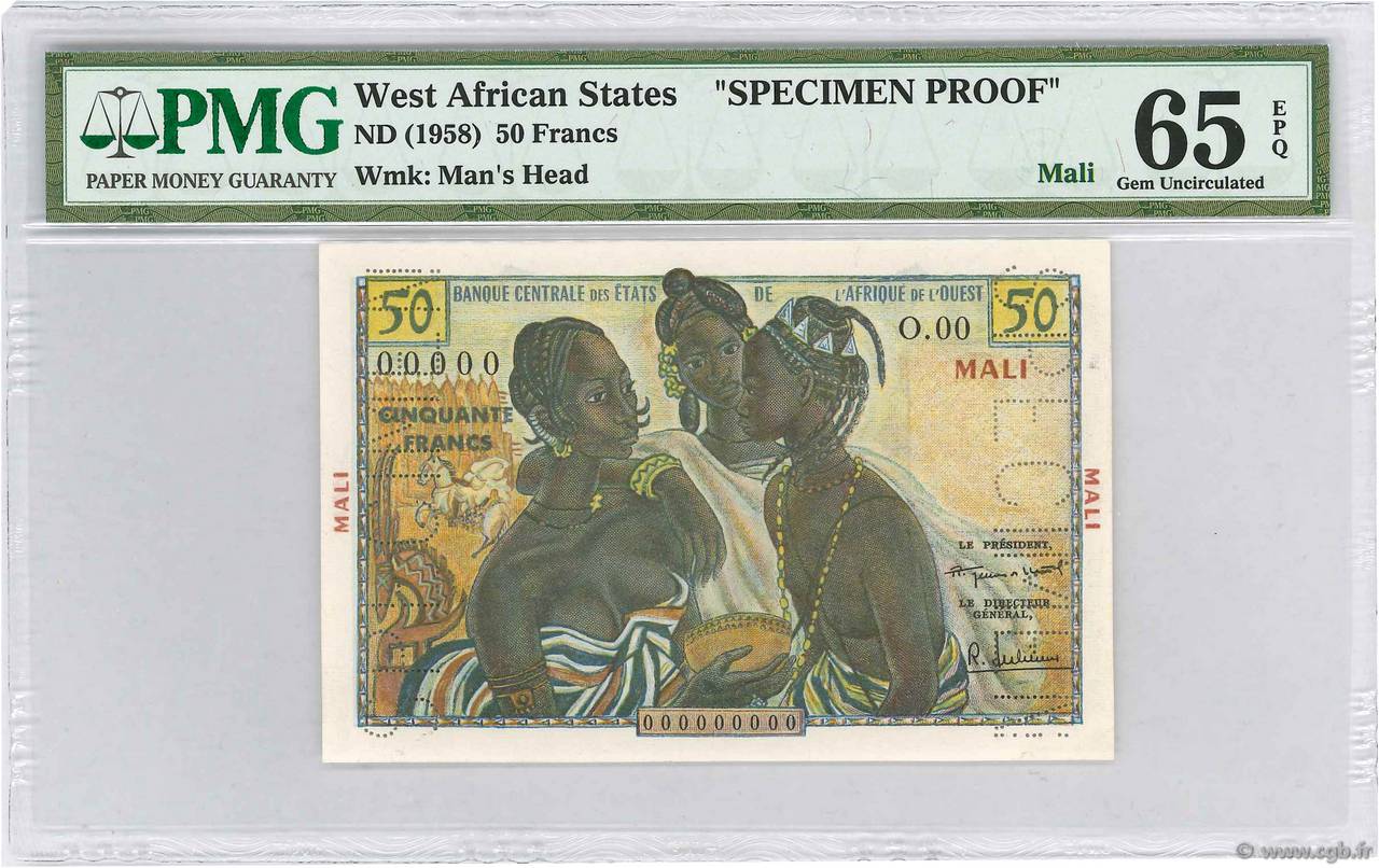 50 Francs Spécimen ÉTATS DE L AFRIQUE DE L OUEST  1956 P.45s4a NEUF