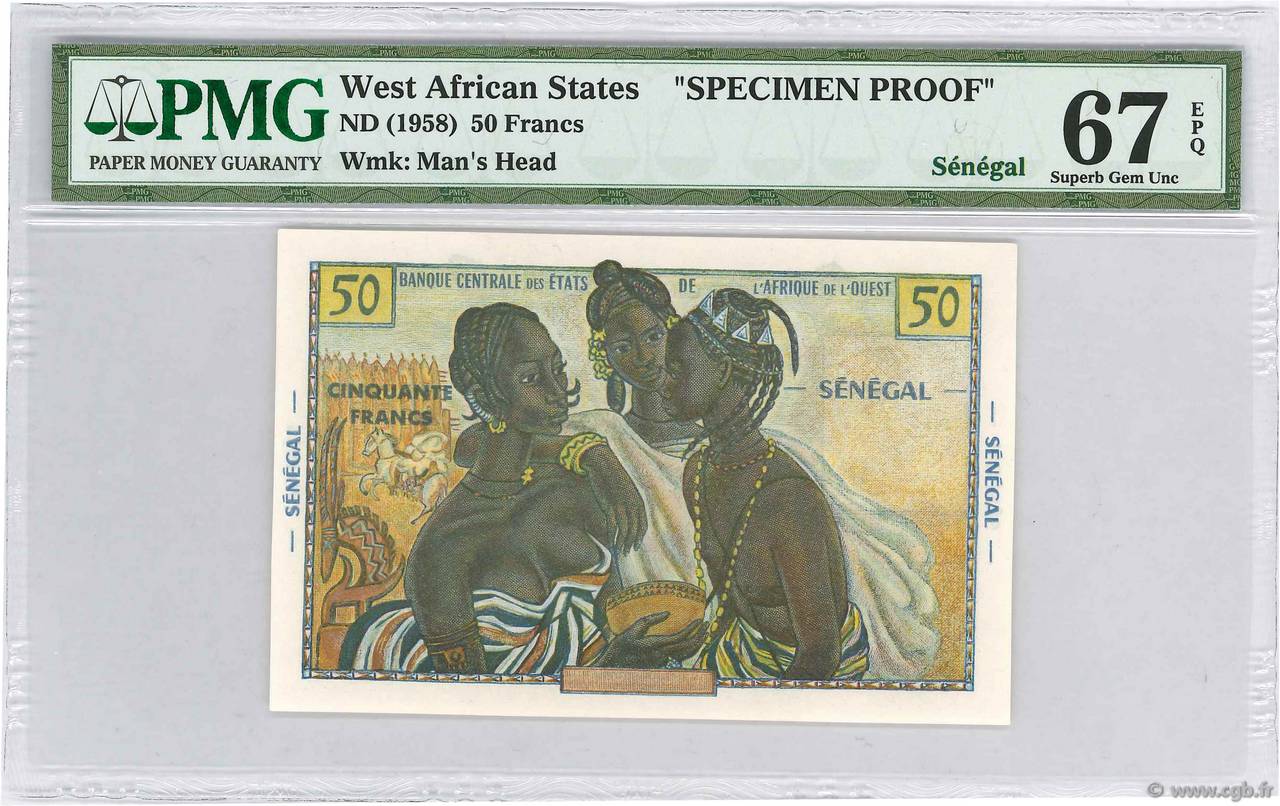 50 Francs Spécimen ESTADOS DEL OESTE AFRICANO  1956 P.45s7 FDC